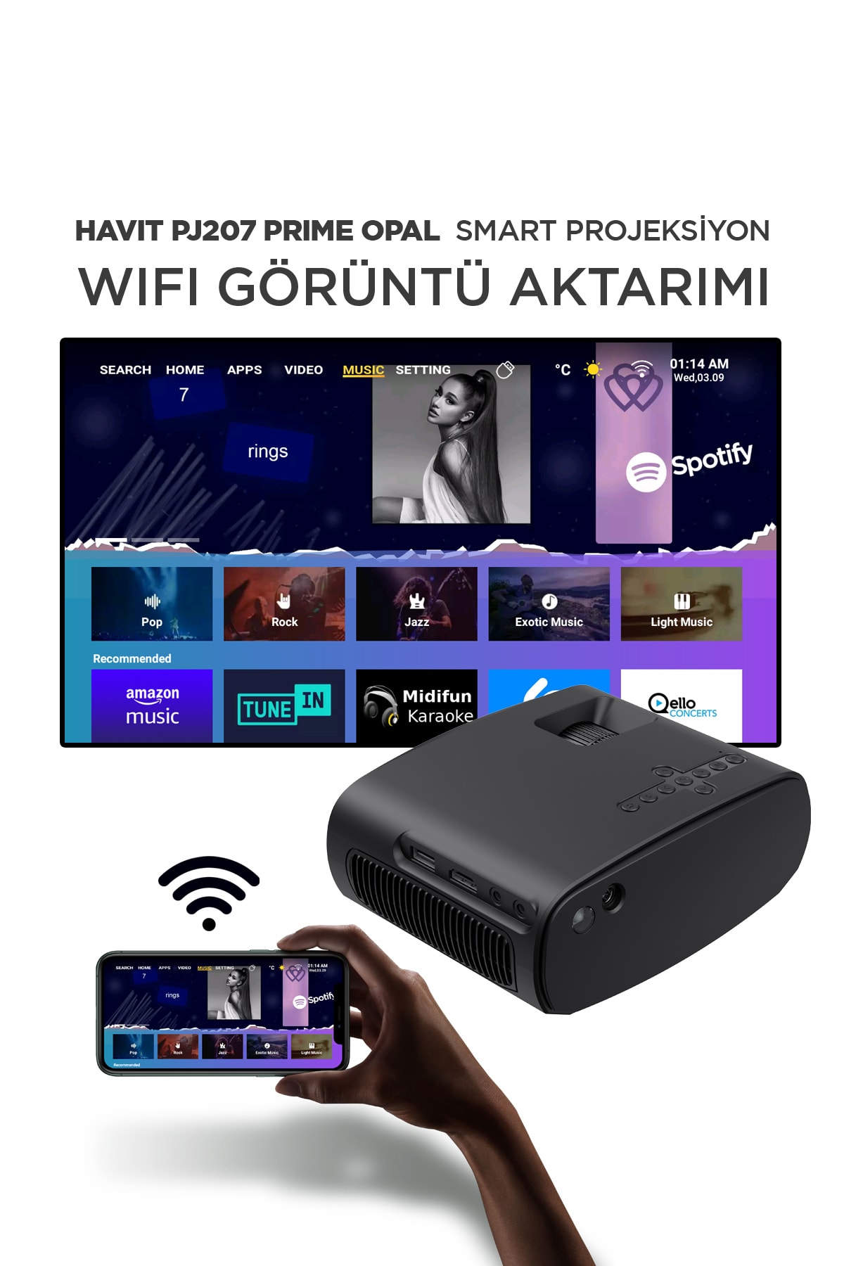 PJ207 Prime Opal Taşınabilir HD Projeksiyon Cihazı 1080P Desteği, Wi-Fi, Bluetooth, Ekran Yansıtma