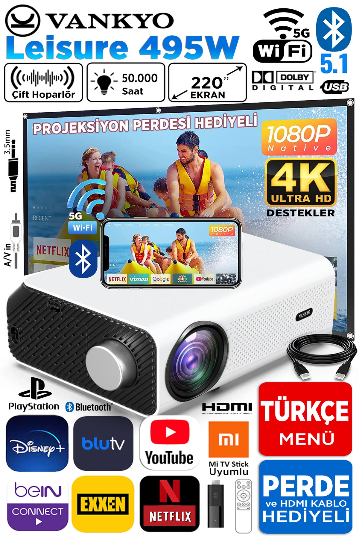 Leisure 495w 4k Wi-fi + Bluetooth Lcd Led Projeksiyon Cihazı - 220 Inç Yansıtma - Dolby Ses